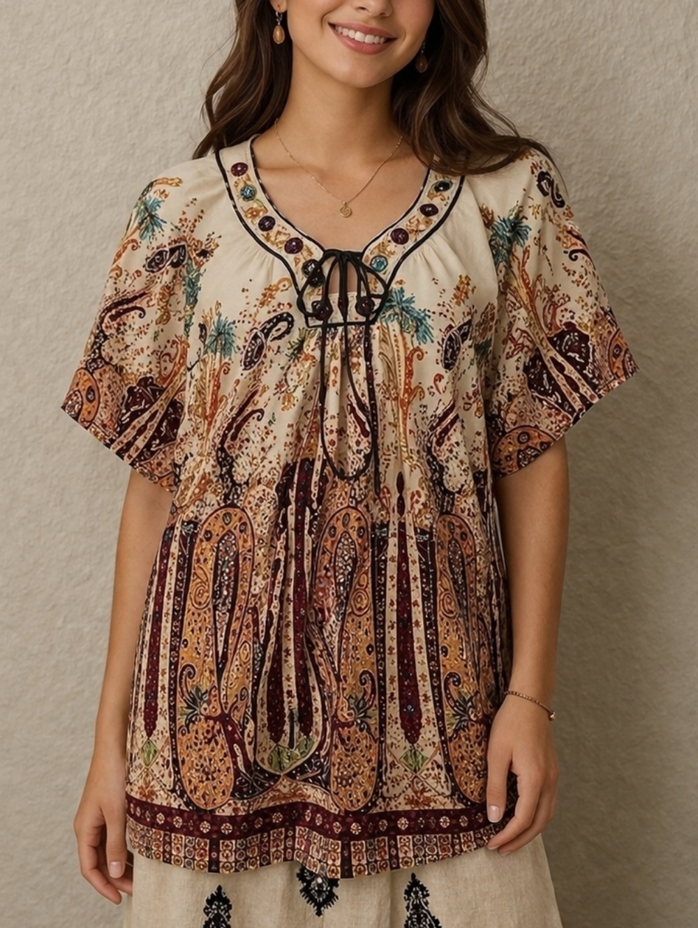 NEW DIRECTIONS Paisley Floral Embroidered Bow Split Neck Festival Tunic